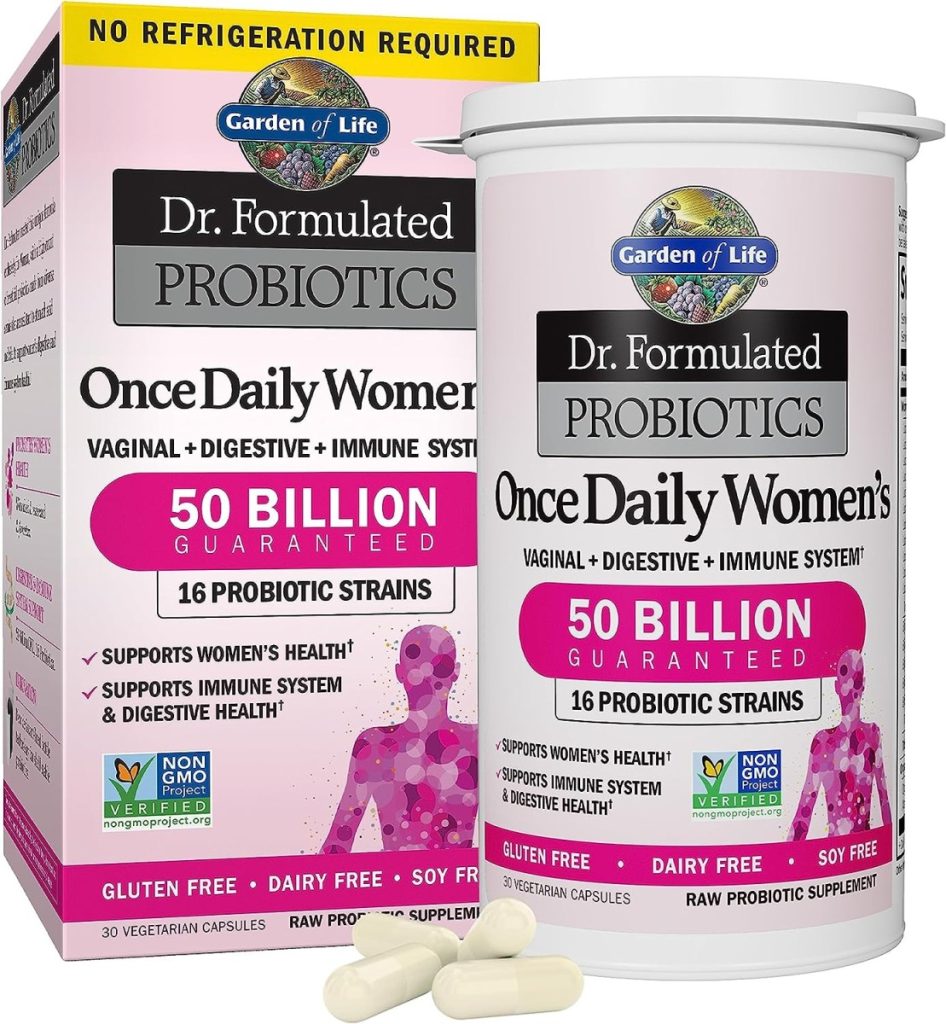Garden of Life Once Daily Dr. Formulated Probiotics for Women 50 Billion CFU 16 Probiotic Strains with Organic Prebiotics for Digestive, Vaginal  Immune Health, Dairy Free, Shelf Stable 30 Capsules : Health  Household