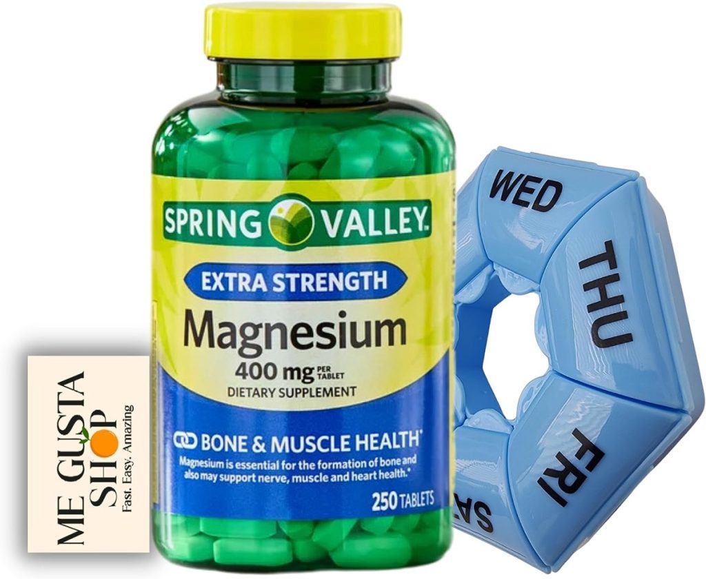 Spring Valley Essential Mineral Extra Strength Magnesium Tablets Dietary Supplement Nutritional 400 mg, 250 Count + Asstd Collor Pill Organizer Me Gustas Sticker